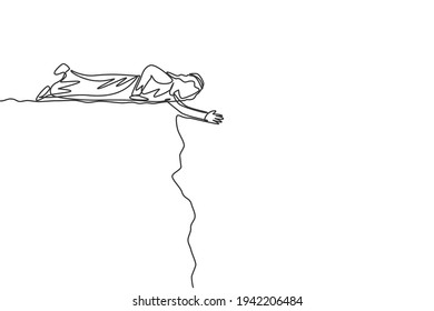 Continuous one line drawing of young Arab male worker lay down on cliff to help his colleague. Success business manager minimalist metaphor concept. Single line draw design vector graphic illustration