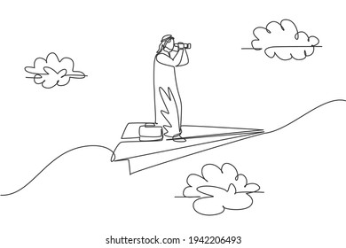 Continuous one line drawing of young Arab male worker forecasting market while flying with paper plane. Success manager minimalist metaphor concept. Single line draw design vector graphic illustration