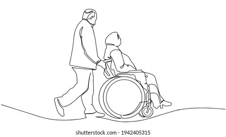 Continuous one line drawing young man pushing wheelchair and disabled old woman  Helping elderly  disable people   sick people  Humanity concept minimalist style  Vector illustration