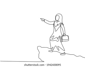 Continuous one line drawing young Arab female worker pointing finger from top of the cliff. Success business manager. Minimalist metaphor concept. Single line draw design vector graphic illustration