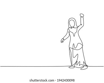 Continuous one line drawing young Arab female worker standing and pose ready to fight. Success business manager. Minimalist metaphor concept. Single line draw design vector graphic illustration