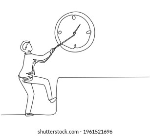 Continuous one line drawing young male worker pulling clockwise big analog clock on the wall. Time management business minimalist concept. Single line draw design vector graphic illustration