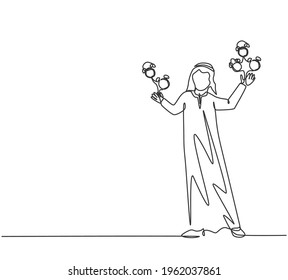 Continuous one line drawing young Arab male worker juggling alarm analog clock with his hand. Business time discipline metaphor concept. Single line draw design vector graphic illustration.