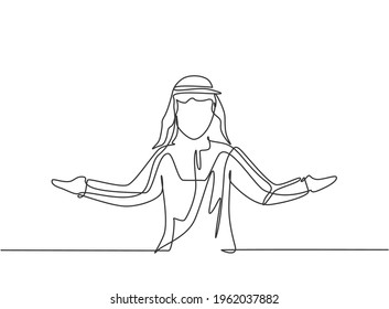 Continuous one line drawing young Arab male worker stretched out his arms. Business presentation to find out solution minimalist concept. Single line draw design vector graphic illustration.