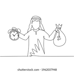 Continuous one line drawing young Arab male worker holding money bag and alarm clock with his hands. Minimalism metaphor business deadline concept. Single line draw design vector graphic illustration.