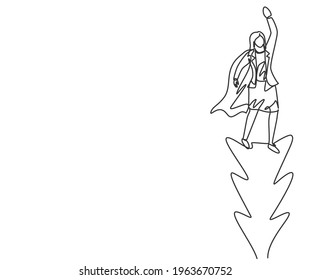 Continuous one line drawing young woman worker flying high into the sky to reach big goals. Big vision of business target minimalist concept. Single line draw design vector graphic illustration.
