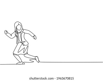 Continuous one line drawing young woman worker running chased by work deadline. Business time management discipline metaphor concept. Single line draw design vector graphic illustration.