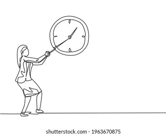 Continuous one line drawing young woman worker pulling clockwise of big analog wall clock with rope. Time management business minimalist concept. Single line draw design vector graphic illustration.