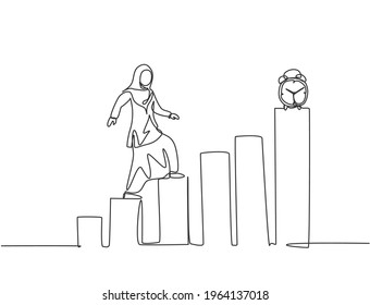 Continuous one line drawing young Arab female worker walking on the graph bar to reach alarm clock. Business time discipline metaphor concept. Single line draw design vector graphic illustration.