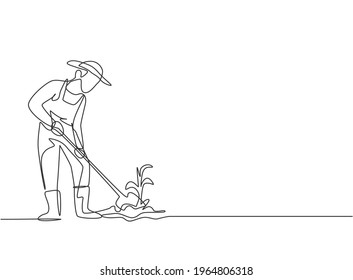 Continuous one line drawing young male farmer shoveled the soil with the plants using a shovel. Successful farming challenge minimalist concept. Single line draw design vector graphic illustration.