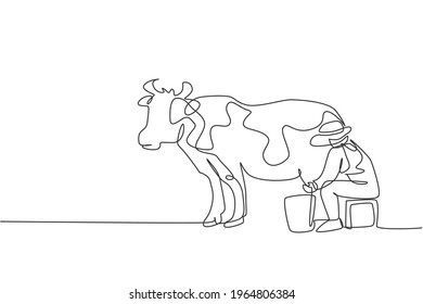 Continuous one line drawing young female farmer milking a cow with traditional way. A successful harvest activity minimalism concept. Single line draw design vector graphic illustration