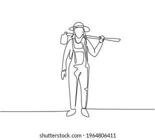 Continuous one line drawing young female farmer carried hoes on his shoulders and ready to go to farm. Farming challenge minimalist concept. Single line draw design vector graphic illustration.