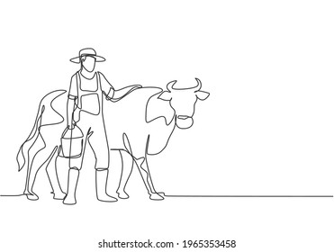 Continuous one line drawing young male farmer rubbing the cow while carrying a bucket of water. Successful farming activities minimalist concept. Single line draw design vector graphic illustration.