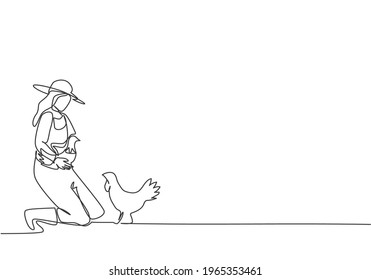 Continuous one line drawing young female farmer knelt down to pick up the chicken. To return to the coop. Successful farming minimalist concept. Single line draw design vector graphic illustration.