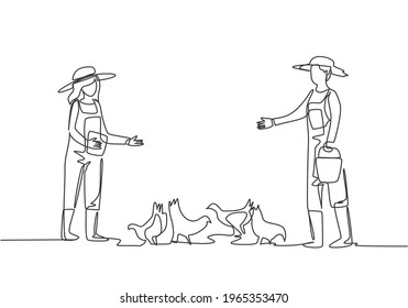 Continuous one line drawing young couple farmer is feeding the chickens with chicken feed. Successful farming activities minimalist concept. Single line draw design vector graphic illustration.