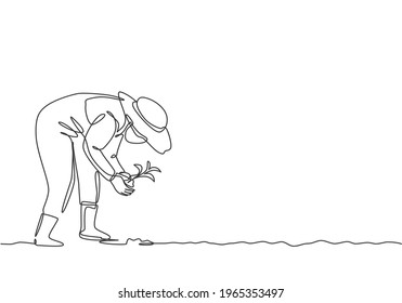 Continuous one line drawing young female farmer planting plant shoots in the ground. Start the planting period. Success farming minimalist concept. Single line draw design vector graphic illustration.