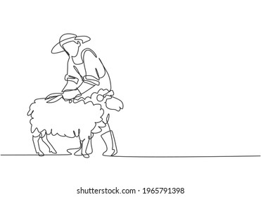 Continuous one line drawing young male farmer was carefully shearing the fleece using scissors. Successful farming challenge minimalist concept. Single line draw design vector graphic illustration.