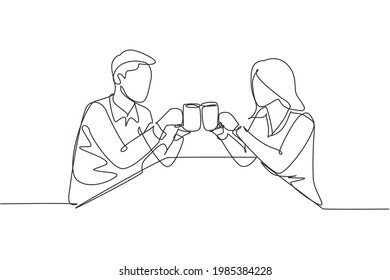Continuous one line drawing young couple sitting, holding cups filled with drinks and toast to celebrate wedding anniversary. Happy family concept. Single line draw design vector graphic illustration