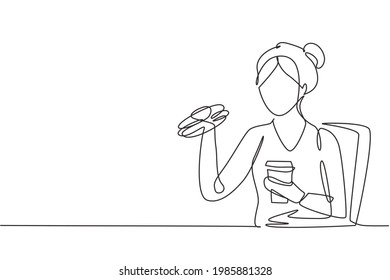 Continuous one line drawing young woman having hamburger meal and drink cup of cola with hand. Happy and enjoy lunch at restaurant. Delicious food. Single line draw design vector graphic illustration