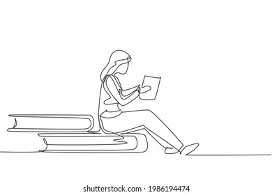Continuous one line drawing young woman reading, learning and sitting on big books. Study in library. Literature lovers, student, education concept. Single line draw design vector graphic illustration