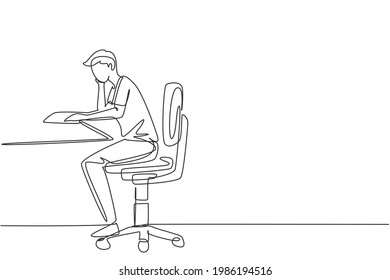 Continuous one line drawing young man reading, learning and sitting on chair around table. Study in library. Intelligent student, education concept. Single line draw design vector graphic illustration