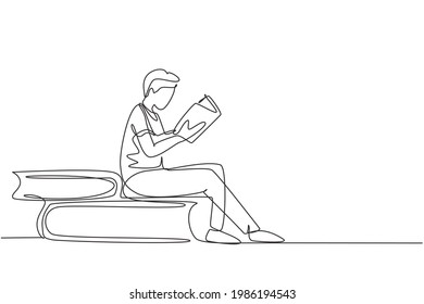 Continuous one line drawing young man reading, learning and sitting on big books. Study in library. Literature fans or lovers, education concept. Single line draw design vector graphic illustration