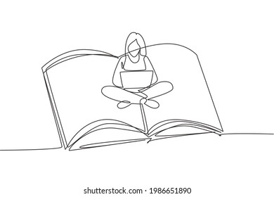 Continuous one line drawing young female with laptop sitting on open big book. Freelance, distance learning, online courses, and studying concept. Single line draw design vector graphic illustration