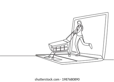 Continuous one line drawing young woman coming out of laptop screen pushing a shopping cart. Sale, digital lifestyle, consumerism people concept. Single line draw design vector graphic illustration