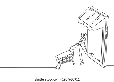 Continuous one line drawing young woman coming out of canopy smartphone screen pushing a shopping cart. Sale, digital lifestyle consumerism concept. Single line draw design vector graphic illustration