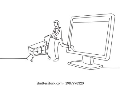 Continuous one line drawing young man coming out of monitor screen pushing a shopping cart. Sale, digital lifestyle, consumerism and people concept. Single line draw design vector graphic illustration