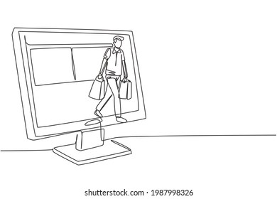 Continuous one line drawing young man coming out of monitor screen holding shopping bags. Sale, digital lifestyle, consumerism and people concept. Single line draw design vector graphic illustration