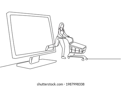 Continuous one line drawing young woman coming out of monitor screen pushing a shopping cart. Sale, digital lifestyle, consumerism people concept. Single line draw design vector graphic illustration