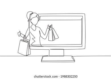 Continuous one line drawing young woman coming out of monitor screen holding shopping bags. Sale, digital lifestyle, consumerism and people concept. Single line draw design vector graphic illustration