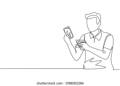 Continuous one line drawing young man typing entering credit card code on smartphone. Online store, e-shop, e-commerce, digital payment concept. Single line draw design vector graphic illustration