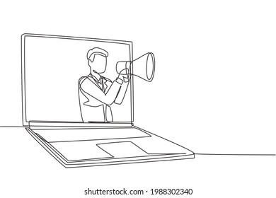 Continuous one line drawing young man coming out of laptop screen holding megaphone. Offering product with discounts or sale. Marketing concept. Single line draw design vector graphic illustration