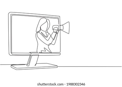 Continuous one line drawing young woman coming out of monitor screen holding megaphone. Offering product with discounts or sale. Marketing concept. Single line draw design vector graphic illustration