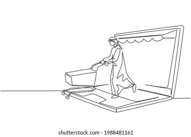 Continuous one line drawing young Arab man coming out of canopy laptop screen pushing a shopping cart. Sale, digital lifestyle consumerism concept. Single line draw design vector graphic illustration