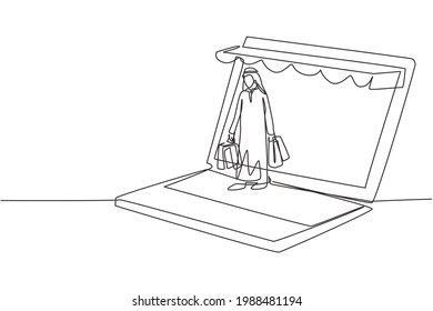 Continuous one line drawing young Arabian man coming out of canopy laptop screen holding shopping bags. Digital lifestyle and consumerism concept. Single line draw design vector graphic illustration