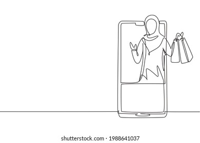 Continuous one line drawing young Arab woman coming out of smartphone screen holding shopping bags. Sale, digital lifestyle and consumerism concept. Single line draw design vector graphic illustration