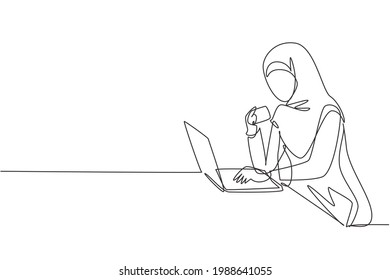 Continuous one line drawing young Arab woman typing entering credit card code on laptop around desk. Digital lifestyle, e-commerce, payment concept. Single line draw design vector graphic illustration