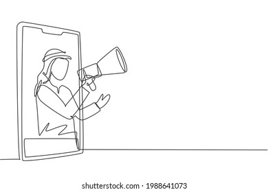 Continuous one line drawing young Arabian man coming out of smartphone screen holding megaphone. Offering product with discounts or sale concept. Single line draw design vector graphic illustration