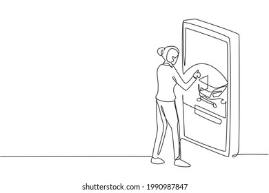 Continuous one line drawing young woman shopping online via giant smartphone screen. Sale, digital lifestyle with internet and gadgets concept. Single line draw design vector graphic illustration