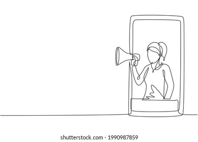 Continuous one line drawing young woman coming out of smartphone screen holding megaphone. Offering product with discounts. Marketing concept. Single line draw design vector graphic illustration