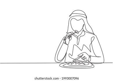 Continuous one line drawing young Arabian man having steaks meal with fork and knife around table. Enjoy lunch at restaurant. Delicious tasty food. Single line draw design vector graphic illustration