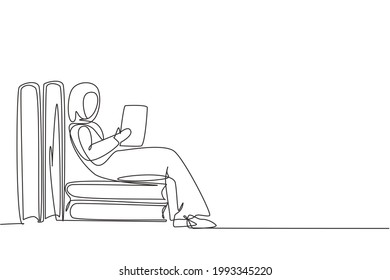 Continuous one line drawing young Arab woman reading, learning, sitting and backrest on pile of big books. Study at home. Smart student, education. Single line draw design vector graphic illustration