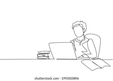 Continuous one line drawing young Arabian boy studying with laptop and pile of books. Back to school, intelligent student, online education concept. Single line draw design vector graphic illustration