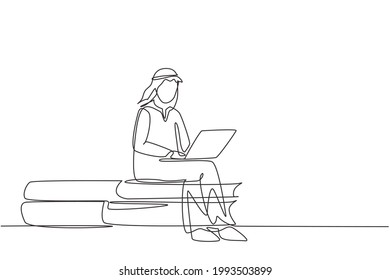 Continuous one line drawing young Arabian man studying with laptop and sitting on big book. Back to school, intelligent student, online education. Single line draw design vector graphic illustration