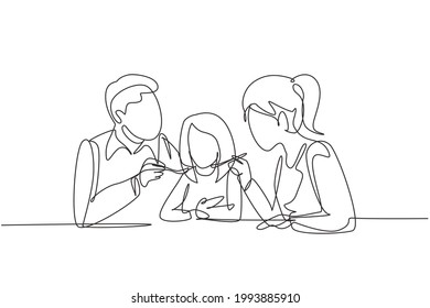 Continuous one line drawing young family having fun together in restaurant. Parents feeds they daughter with love. Happy little family concept. Single line draw design vector graphic illustration