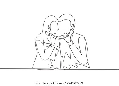 Continuous one line drawing young Arabian couple sharing watermelon. Celebrate wedding anniversaries and enjoy romantic lunch at modern restaurant. Single line draw design vector graphic illustration