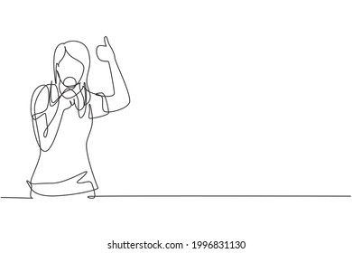 Continuous one line drawing young woman wearing jersey biting her medal after winning world sports competition. Unforgettable moment of victory. Single line draw design vector graphic illustration